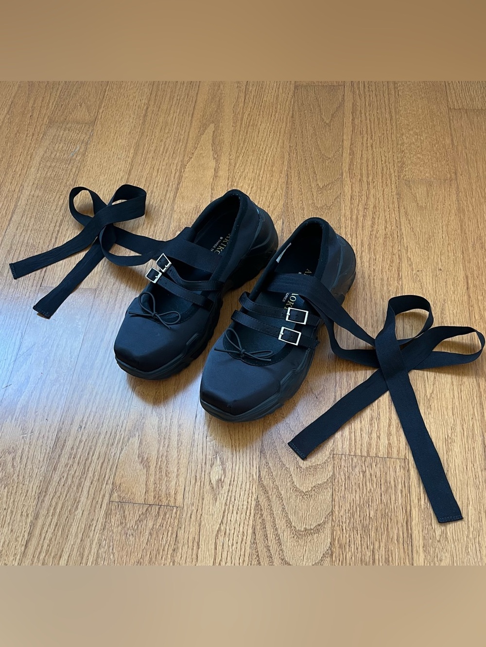 AKIKOAOKI Giselle Satin black ballet sneaker flats with removable lace up ties